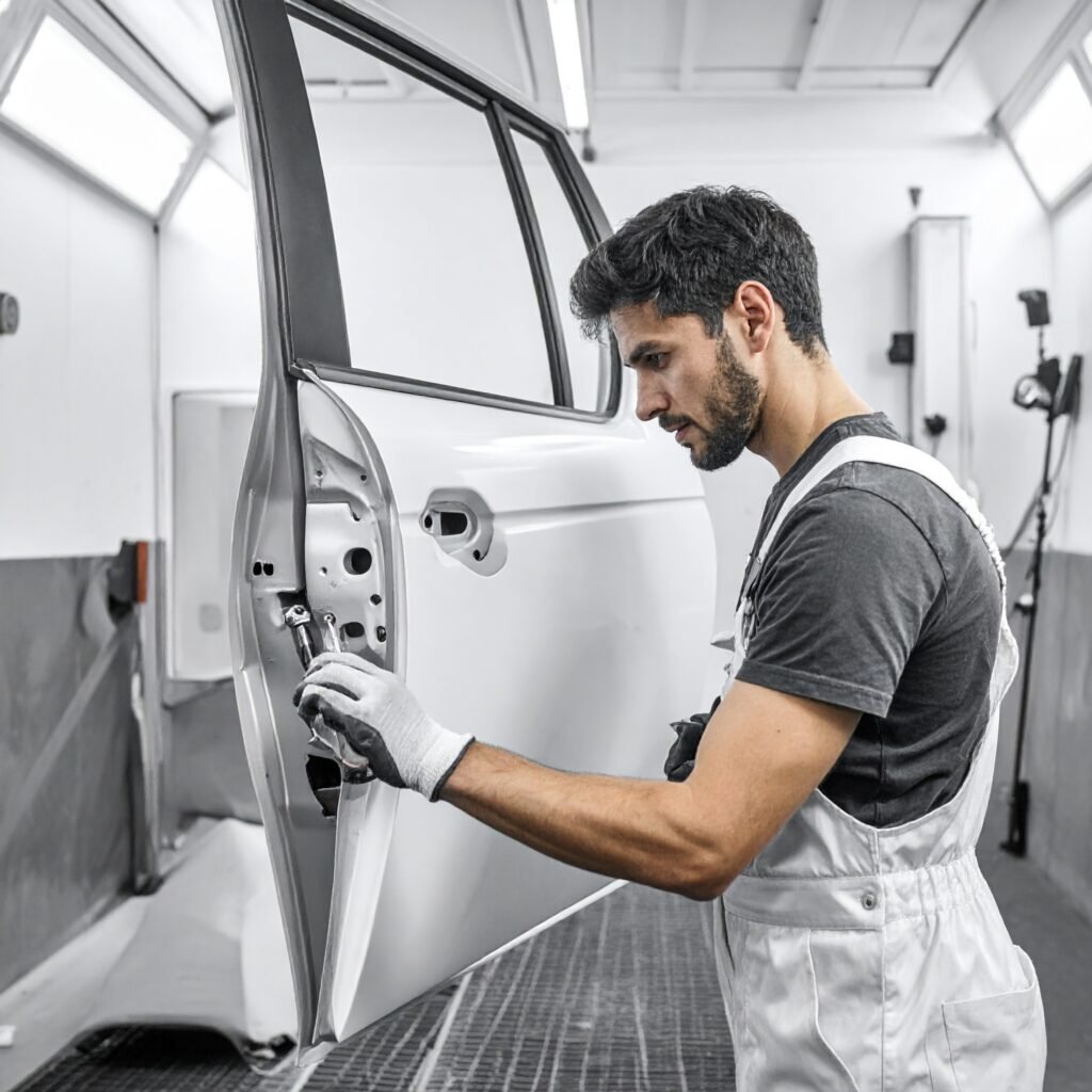 Auto body technician repairing a car door panel during light collision repair in a professional body shop